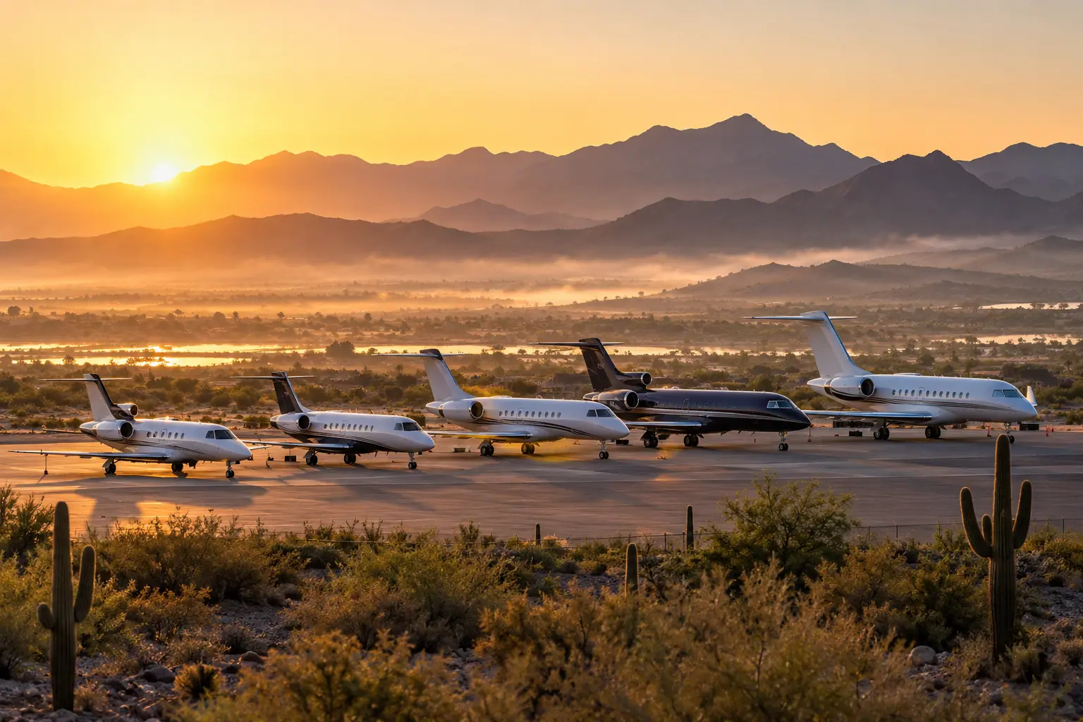 Business jets of different sizes on a ramp